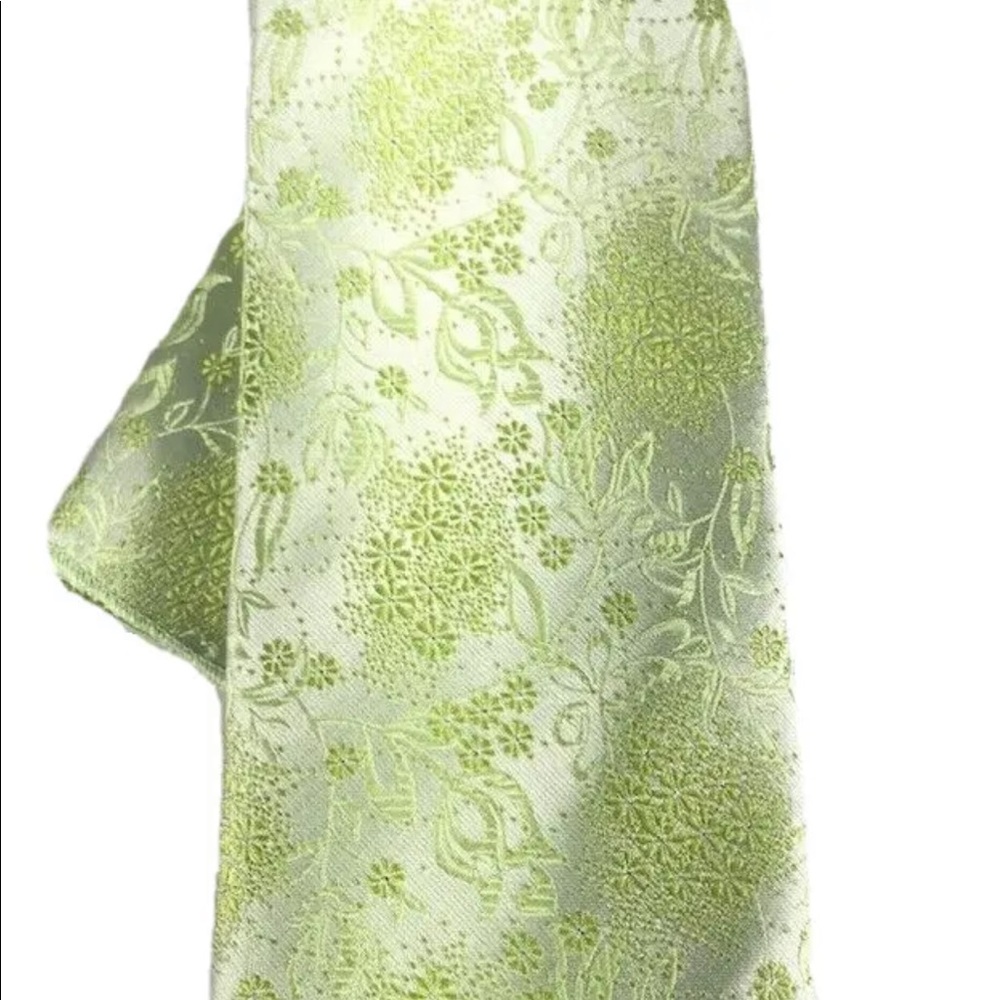 Karl Knox Men's Tie & Hanky Set Lime Green Silver 100% Polyester Floral 3.5"